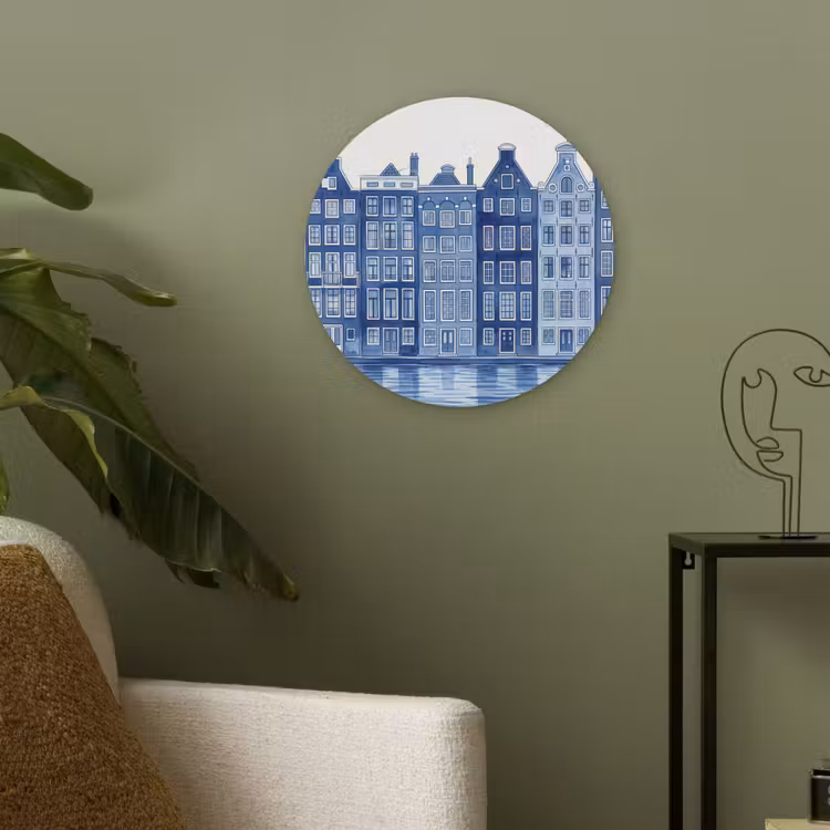 Aquarel - Grachtenpanden - Delfts - Blauw Akoestische PET Vilt - Rond klein -sfeer2