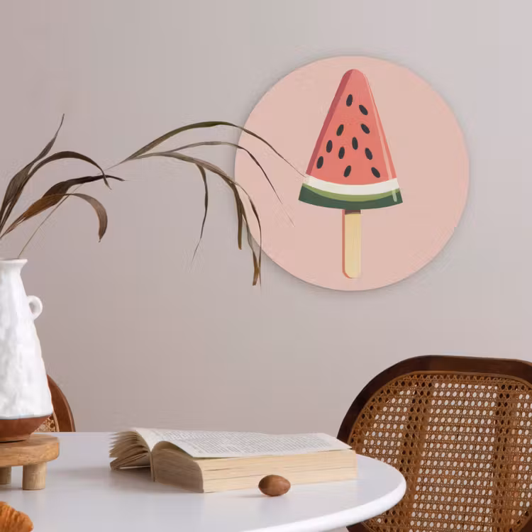 Watermeloen - Ijsje - Pitjes - Rood Akoestische PET Vilt - Rond klein -sfeer3