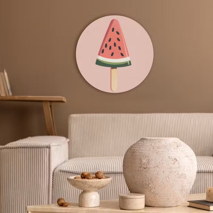 Watermeloen - Ijsje - Pitjes - Rood Akoestische PET Vilt - Rond klein -sfeer1
