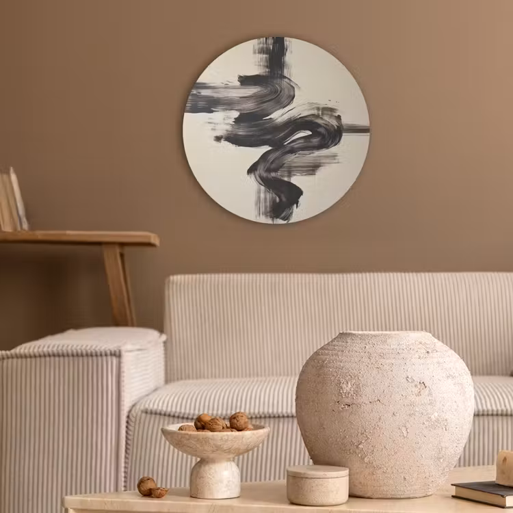 Golven - Penseelstreken - Beige - Minimalistisch Akoestische PET Vilt - Rond klein -sfeer1