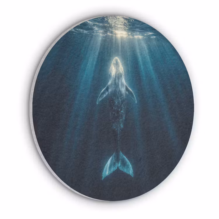 Walvis - Water - Zonnestralen - Blauw Akoestische PET Vilt - Rond klein -3d