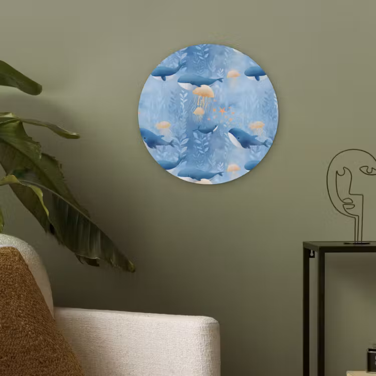 Walvissen - Oceaan - Blauw Akoestische PET Vilt - Rond klein 838 -sfeer2