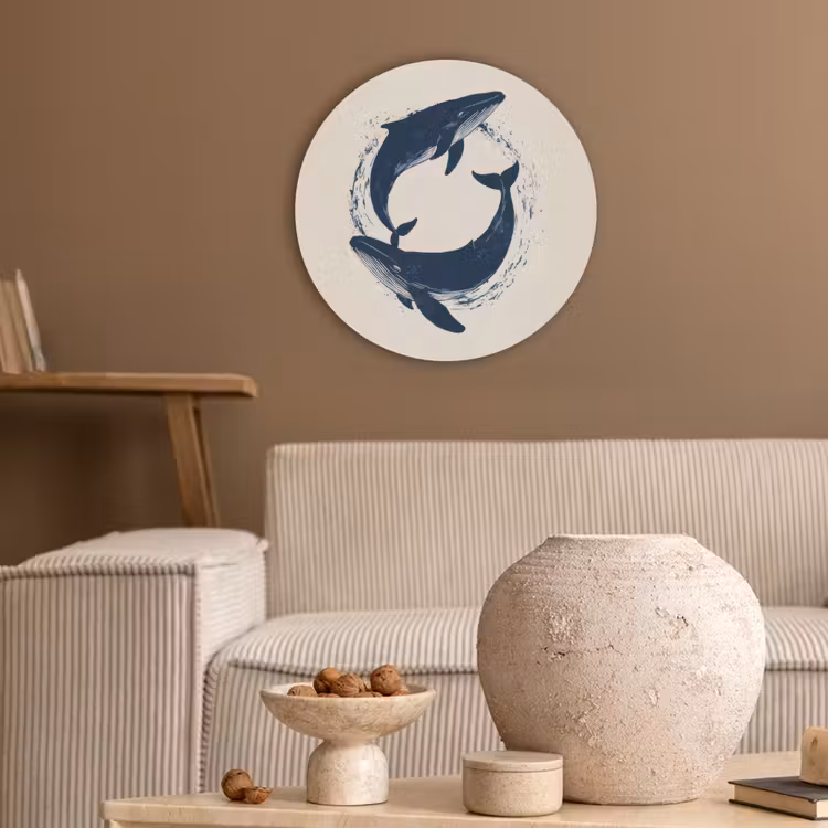 Walvissen - Spetters - Cirkel - Donkerblauw Akoestische PET Vilt - Rond klein -sfeer1
