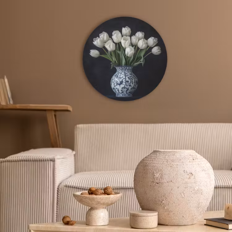 Wit - Bloemen - Tulpen - Vaas Akoestische PET Vilt - Rond klein -sfeer1
