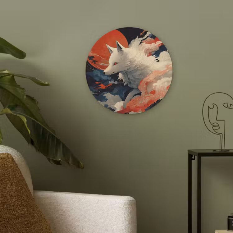 Witte vos - wolken - maan Akoestische PET Vilt - Rond klein -sfeer2