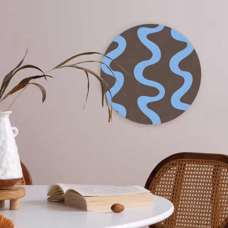 Kronkelende lijnen - Blauw - Bruin - Minimalistisch Akoestische PET Vilt - Rond klein 838 -sfeer3