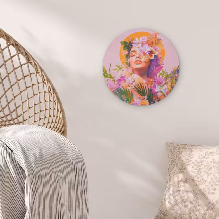 Vrouw - Abstract - Cirkel - Bloemen Akoestische PET Vilt - Rond klein -sfeer4