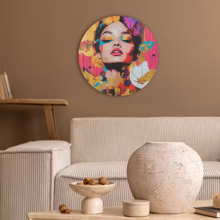 Vrouw - Abstract - Kleurrijk Akoestische PET Vilt - Rond klein -sfeer1