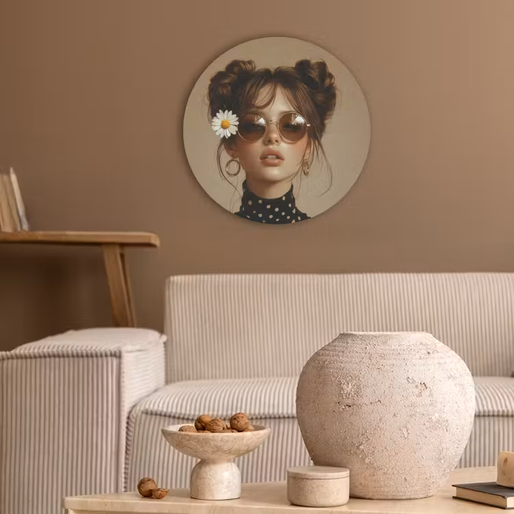 Vrouw - Beige - Bloem - Modern - Portret Akoestische PET Vilt - Rond klein -sfeer1