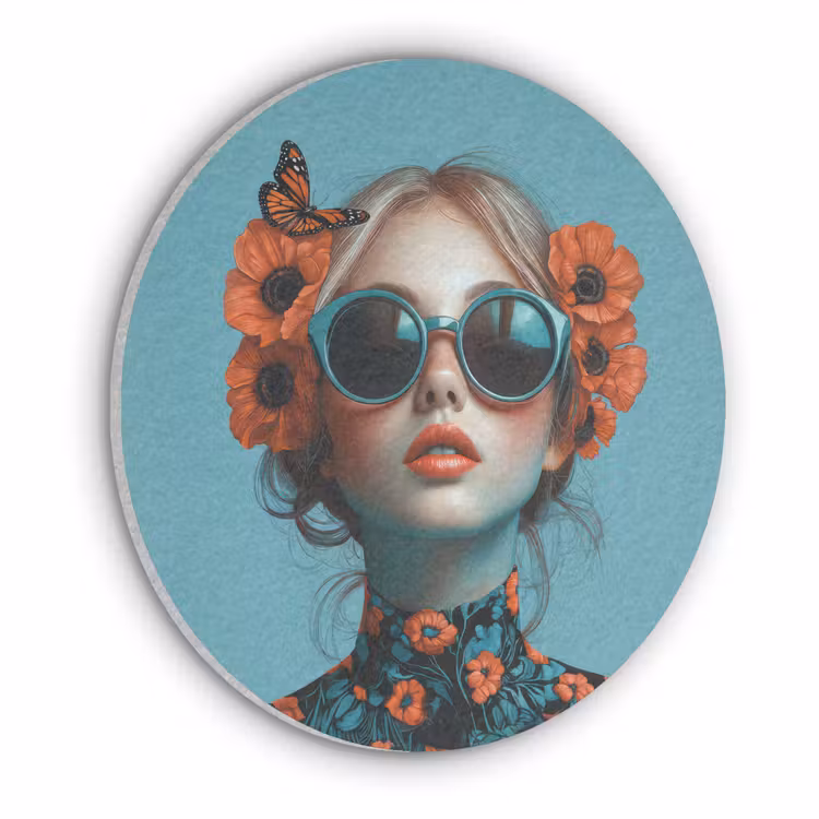 Vrouw - Blauw - Vlinder - Bloemen - Aesthetic Akoestische PET Vilt - Rond klein -3d