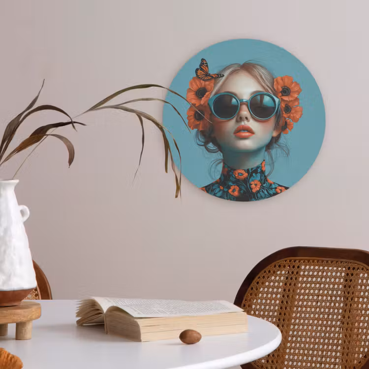 Vrouw - Blauw - Vlinder - Bloemen - Aesthetic Akoestische PET Vilt - Rond klein -sfeer3