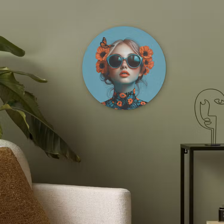 Vrouw - Blauw - Vlinder - Bloemen - Aesthetic Akoestische PET Vilt - Rond klein -sfeer2