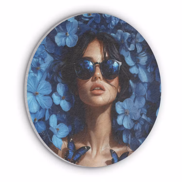 Vrouw - Blauw - Bloemen - Vlinders - Natuur Akoestische PET Vilt - Rond klein -3d