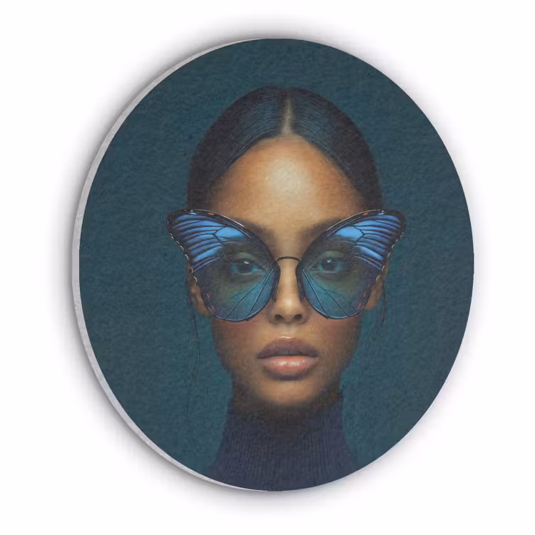 Vrouw - Vlinder - Bril - Blauw - Modern - Portret Akoestische PET Vilt - Rond klein -3d