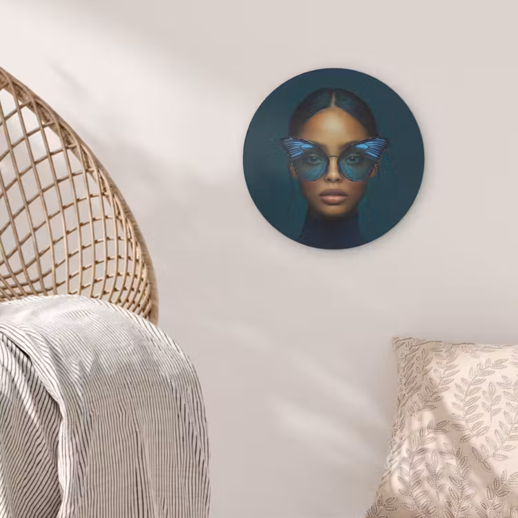 Vrouw - Vlinder - Bril - Blauw - Modern - Portret Akoestische PET Vilt - Rond klein -sfeer4