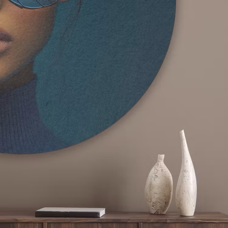 Vrouw - Vlinder - Bril - Blauw - Modern - Portret Akoestische PET Vilt - Rond klein -sfeer5_closeup