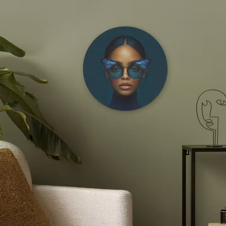 Vrouw - Vlinder - Bril - Blauw - Modern - Portret Akoestische PET Vilt - Rond klein -sfeer2