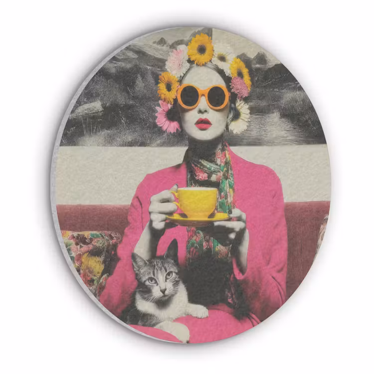 Vrouw - Kat - Bloemen - Kopje - Retro Akoestische PET Vilt - Rond klein -3d