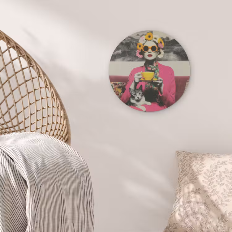 Vrouw - Kat - Bloemen - Kopje - Retro Akoestische PET Vilt - Rond klein -sfeer4