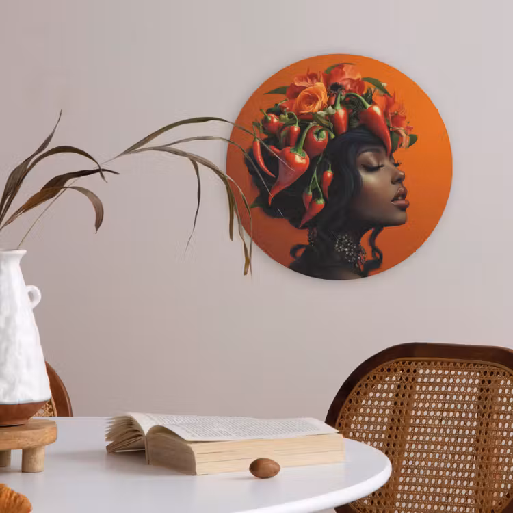 Vrouw - Chilipepers - Pepers - Bloemen Akoestische PET Vilt - Rond klein -sfeer3