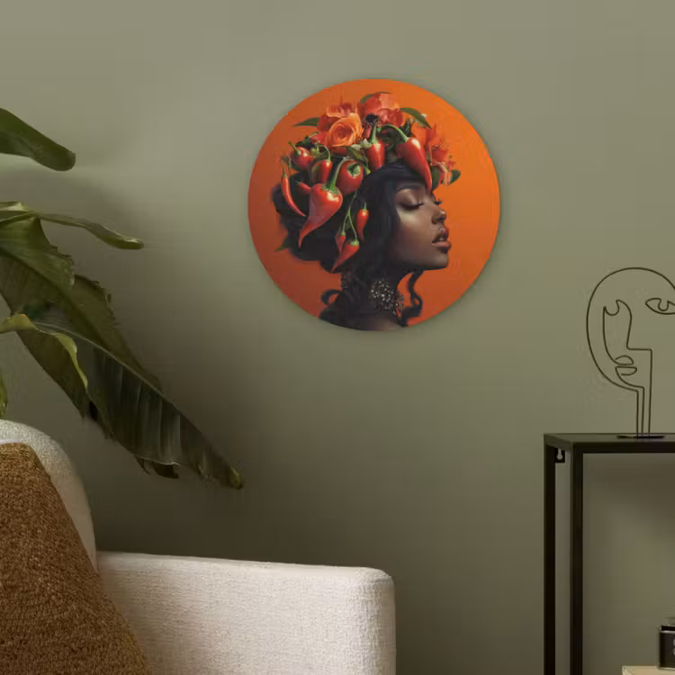 Vrouw - Chilipepers - Pepers - Bloemen Akoestische PET Vilt - Rond klein -sfeer2