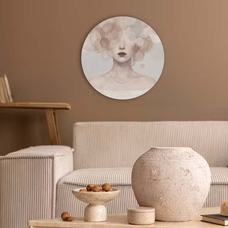 Vrouw - Cirkels - Beige Akoestische PET Vilt - Rond klein -sfeer1