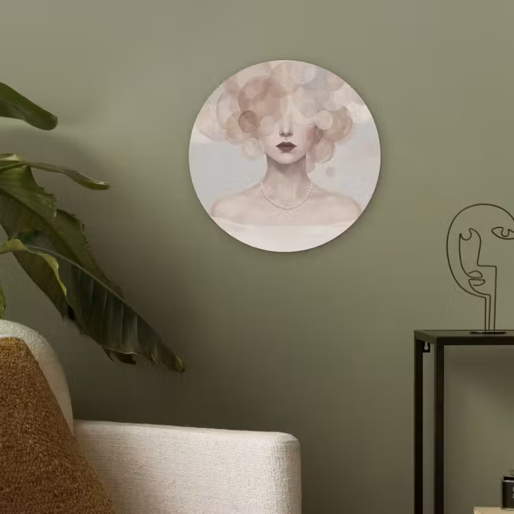Vrouw - Cirkels - Beige Akoestische PET Vilt - Rond klein -sfeer2
