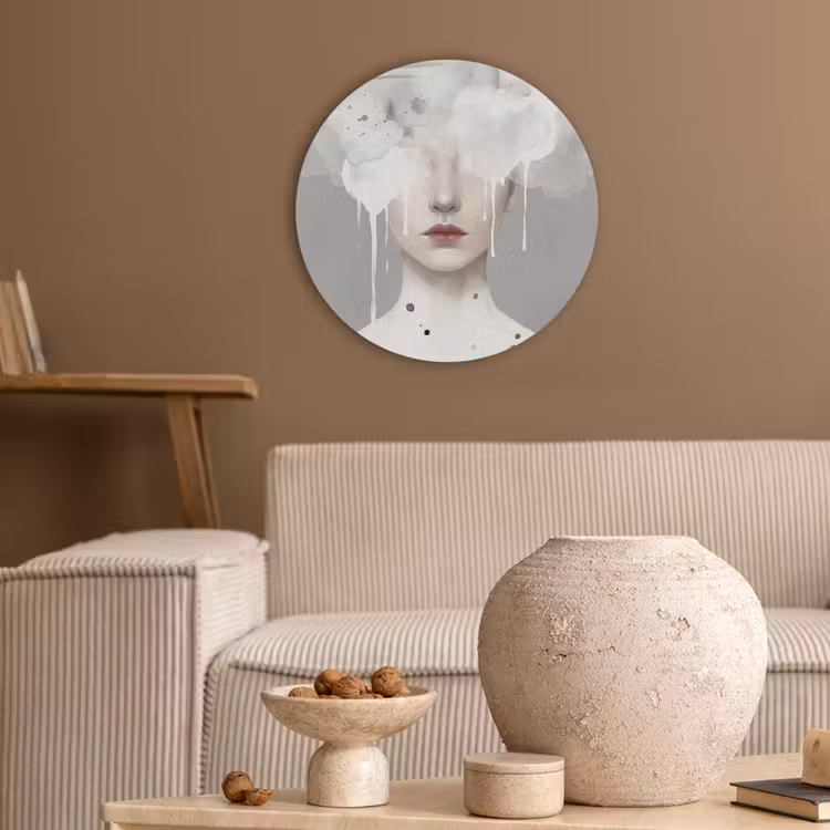 Vrouw - Wolk - Grijs Akoestische PET Vilt - Rond klein -sfeer1