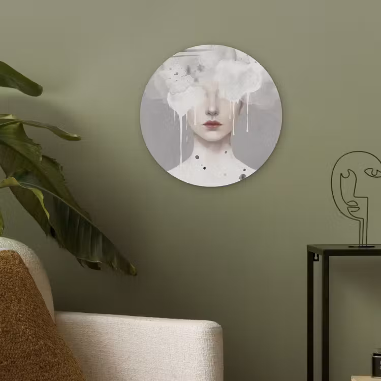 Vrouw - Wolk - Grijs Akoestische PET Vilt - Rond klein -sfeer2