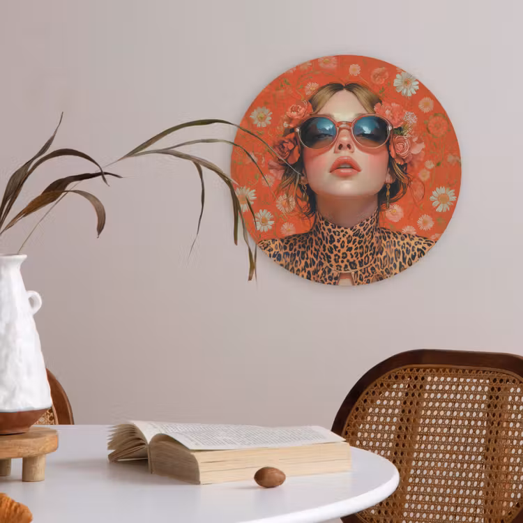 Vrouw - Kleurrijk - Dierenprint - Bloemen Akoestische PET Vilt - Rond klein -sfeer3