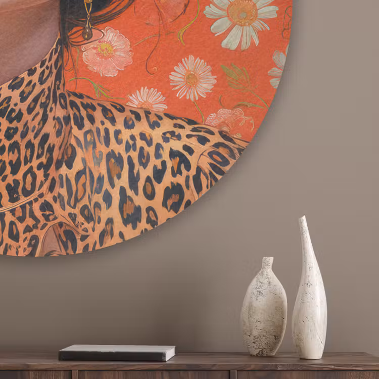 Vrouw - Kleurrijk - Dierenprint - Bloemen Akoestische PET Vilt - Rond klein -sfeer5_closeup