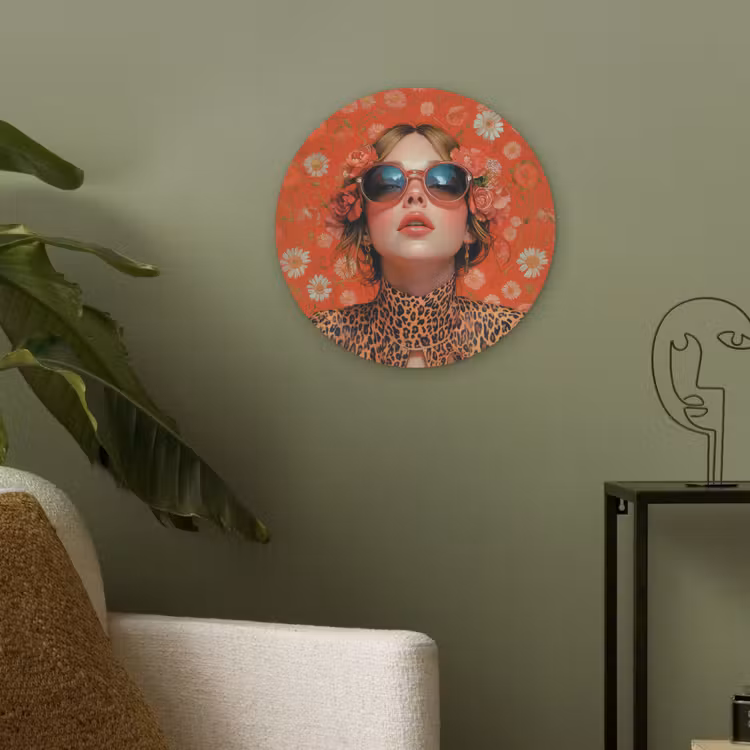 Vrouw - Kleurrijk - Dierenprint - Bloemen Akoestische PET Vilt - Rond klein -sfeer2