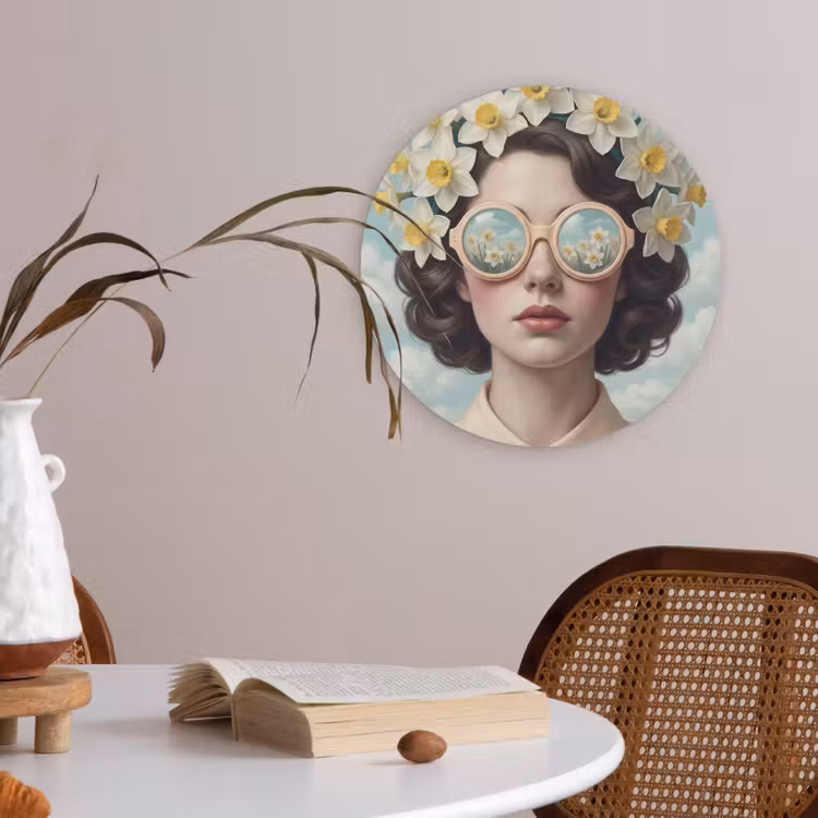 Vrouw - Narcissen - Geel Akoestische PET Vilt - Rond klein -sfeer3