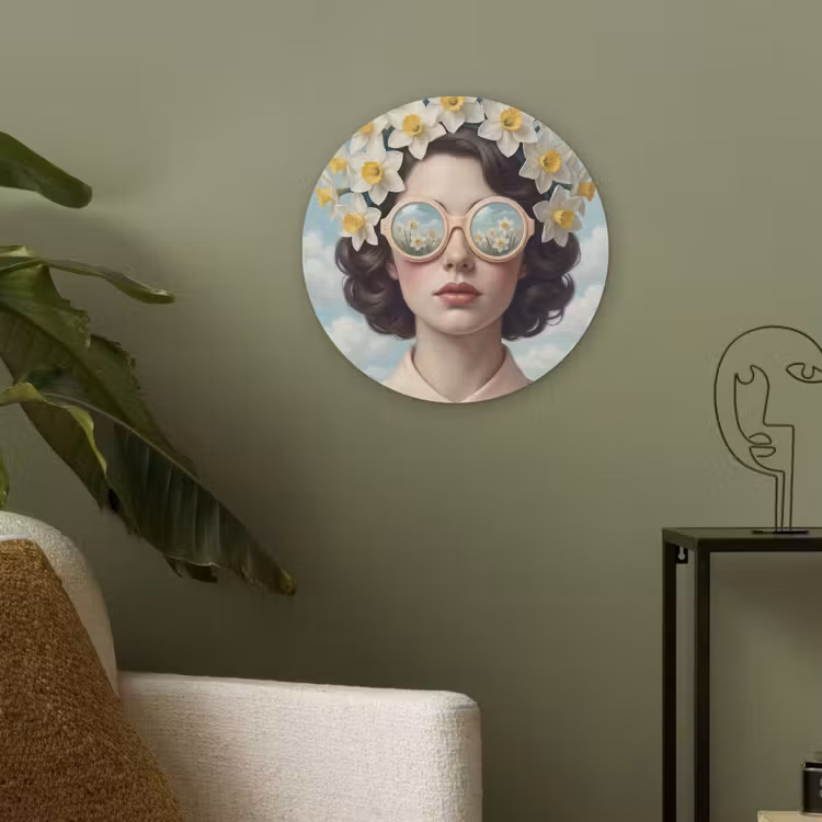 Vrouw - Narcissen - Geel Akoestische PET Vilt - Rond klein -sfeer2