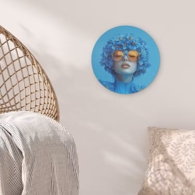 Vrouw - Bloem - Blauw - Modern - Bril - Portret Akoestische PET Vilt - Rond klein -sfeer4