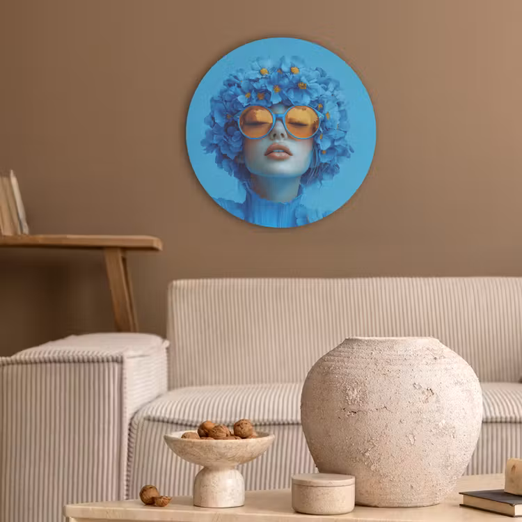 Vrouw - Bloem - Blauw - Modern - Bril - Portret Akoestische PET Vilt - Rond klein -sfeer1