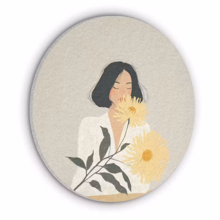 Vrouw - Bloem - Geel - Minimalistisch Akoestische PET Vilt - Rond klein -3d