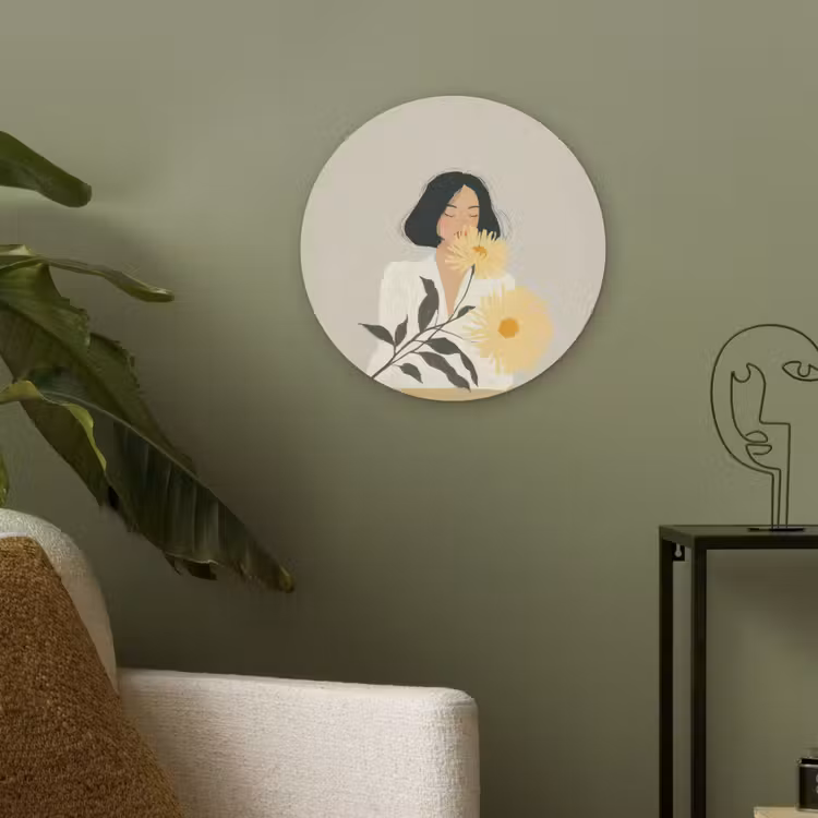 Vrouw - Bloem - Geel - Minimalistisch Akoestische PET Vilt - Rond klein -sfeer2