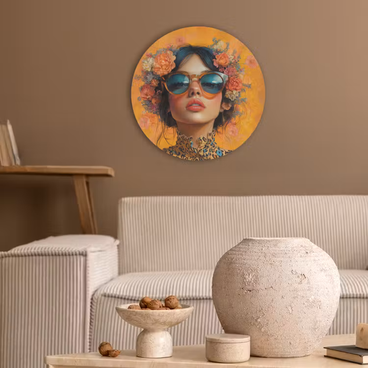 Vrouw - Bloemen - Aesthetic - Oranje Akoestische PET Vilt - Rond klein -sfeer1