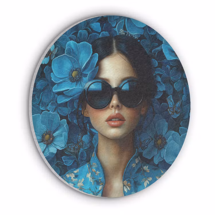 Vrouw - Bloemen - Blauw - Aesthetic - Luxe Akoestische PET Vilt - Rond klein -3d