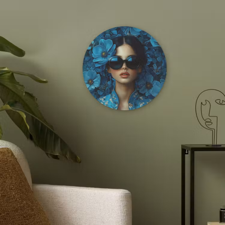 Vrouw - Bloemen - Blauw - Aesthetic - Luxe Akoestische PET Vilt - Rond klein -sfeer2