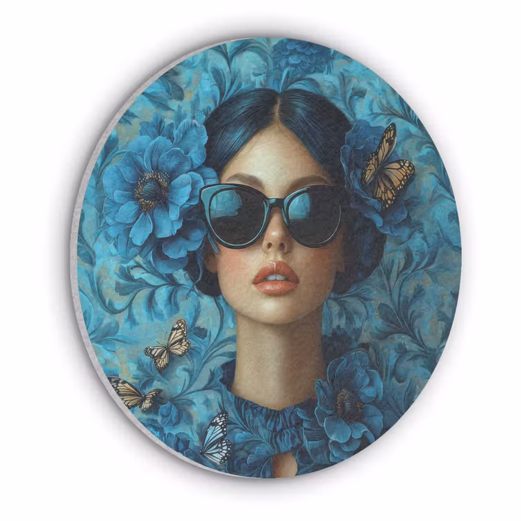 Vrouw - Bloemen - Vlinders - Blauw - Abstract Akoestische PET Vilt - Rond klein -3d