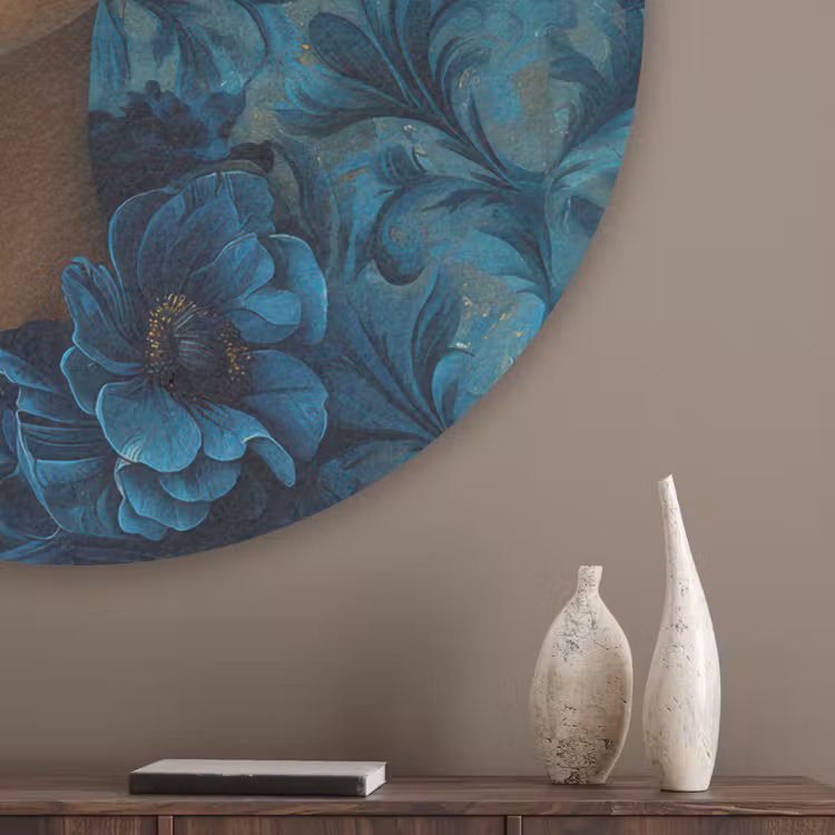 Vrouw - Bloemen - Vlinders - Blauw - Abstract Akoestische PET Vilt - Rond klein -sfeer5_closeup