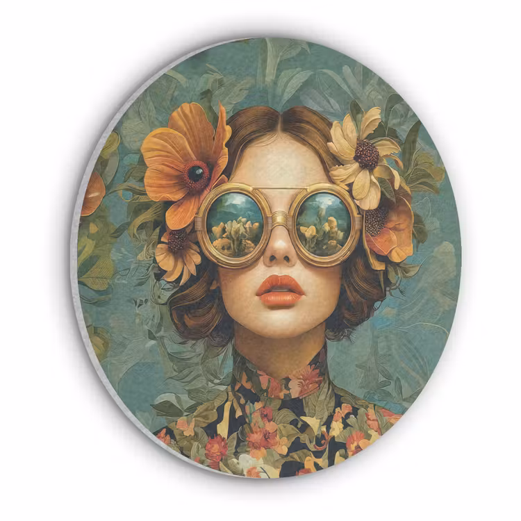 Vrouw - Bloemen - Vlinders - Natuur - Vintage Akoestische PET Vilt - Rond klein -3d