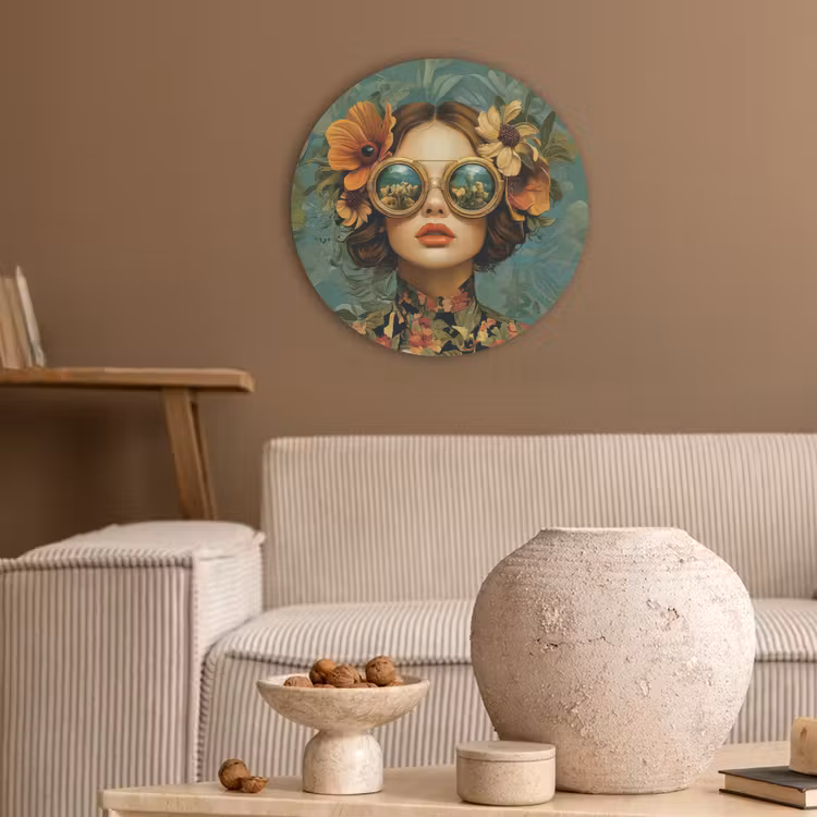 Vrouw - Bloemen - Vlinders - Natuur - Vintage Akoestische PET Vilt - Rond klein -sfeer1