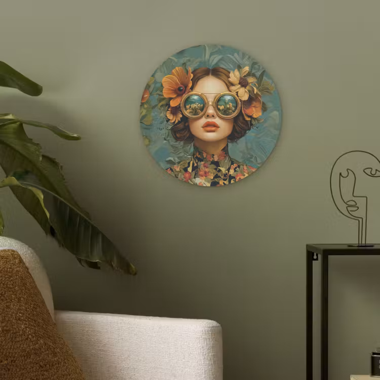 Vrouw - Bloemen - Vlinders - Natuur - Vintage Akoestische PET Vilt - Rond klein -sfeer2