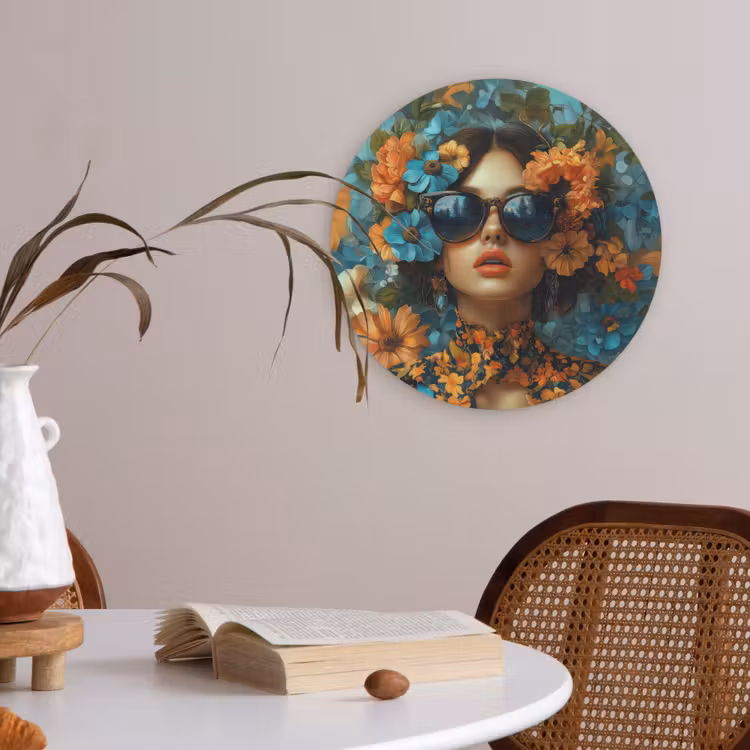 Vrouw - Bloemen - Oranje - Blauw - Modern Akoestische PET Vilt - Rond klein -sfeer3
