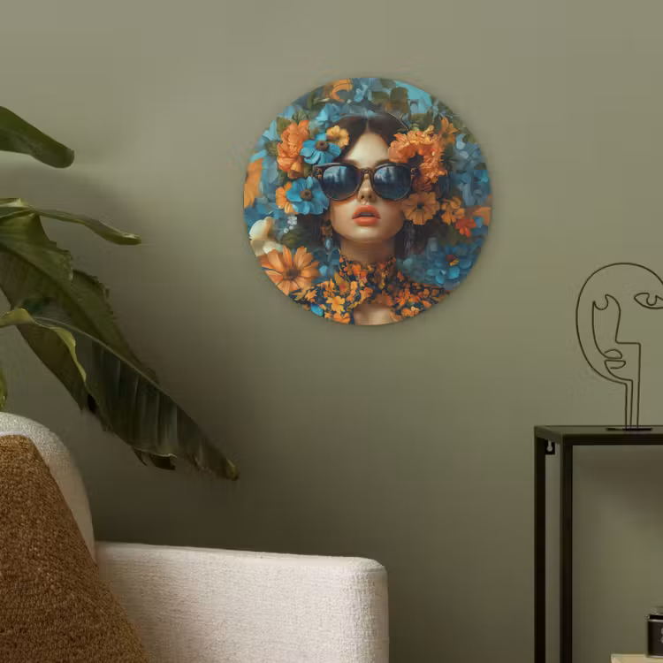Vrouw - Bloemen - Oranje - Blauw - Modern Akoestische PET Vilt - Rond klein -sfeer2