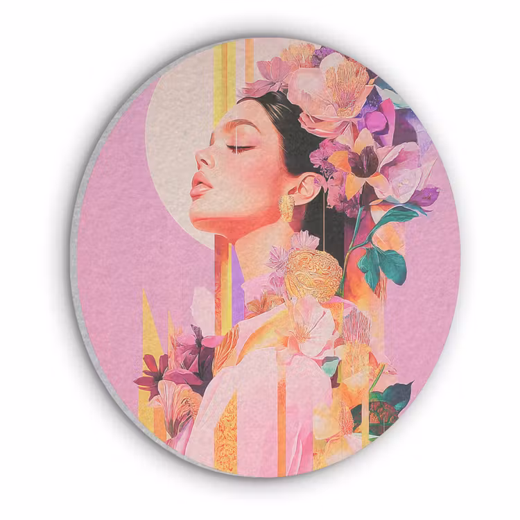 Vrouw - Bloemen - Paars - Abstract Akoestische PET Vilt - Rond klein -3d