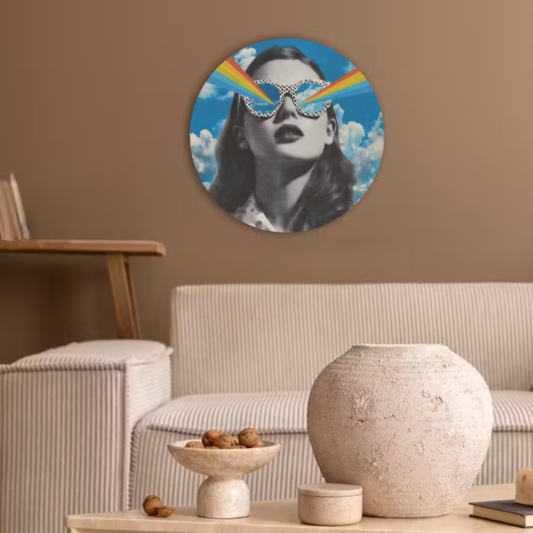 Vrouw - Bril - Regenboog - Wolken Akoestische PET Vilt - Rond klein -sfeer1